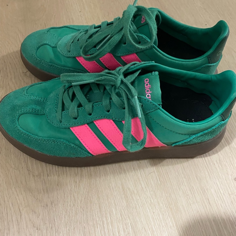 adidas Green Sneakers with Pink Stripes